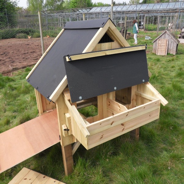 A small chicken coop with the nest boxes open to collect the eggs