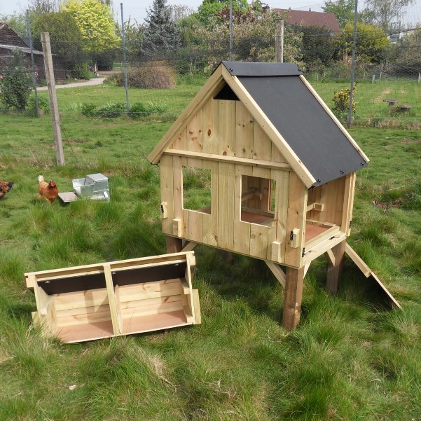 A chicken house with the nest boxes removed for easy cleaning
